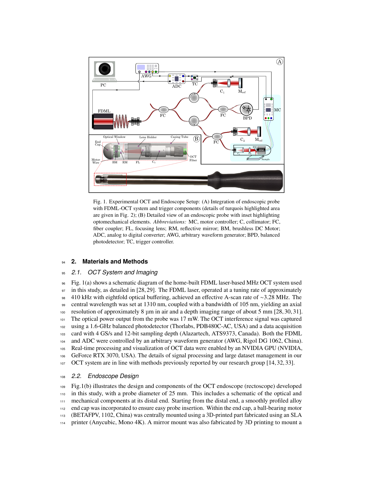 Experimental multi-megahertz OCT and endoscope setup used for sensorless rotational synchronization.
